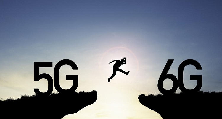 Technology transformation change from 5G to 6G , Silhouette businessman jumping from 5G cliff to 6G cliff on blue sky.